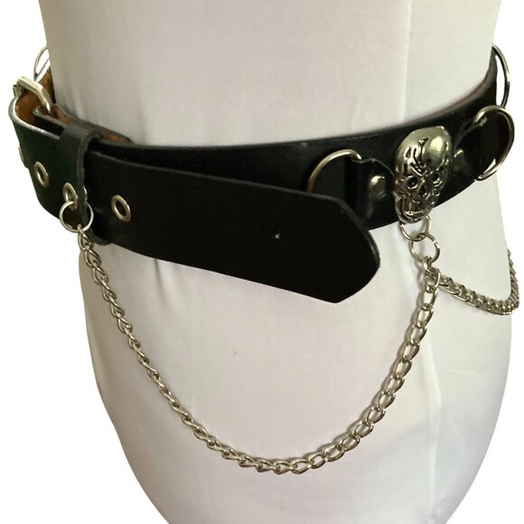 Black Belt Skulls & Hanging Chains, Size Small, Genuine Leather Rock Punk Goth - Picture 4 of 11